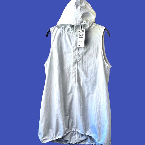 ZARA White Shirt Dress Tunic Top Hood Sleeveless Snap Cinch Hem Medium NEW - Picture 6 of 16